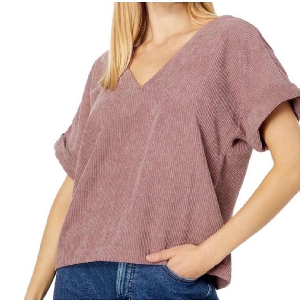 Madewell Womens 1X Corduroy Button-Back Top V-Neck Short Sleeve Mauve Rose Pink